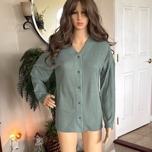 Brand New ADR Button Up Moss Green Pajama Lounge Long Sleeved Top Sleepwear